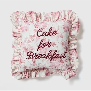 New! 'Cake for Breakfast' Embroidered Square Ruffle Throw Pillow Pink Floral